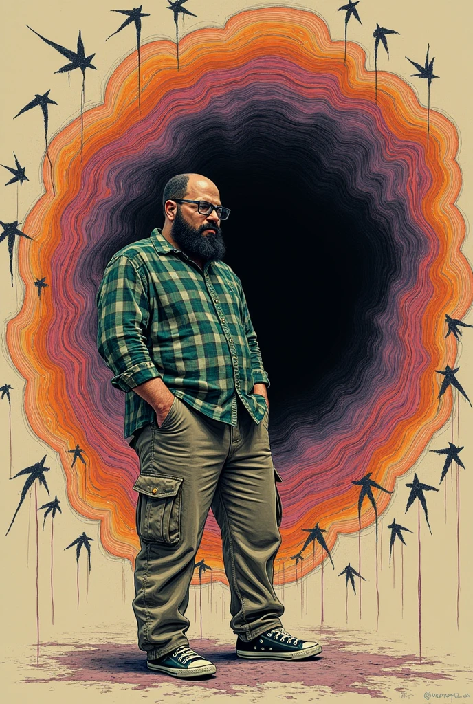 Create a drawing of a man playing guitar being sucked into a black hole The outlines of the man should be shaky There should be several arrows in the air pointing towards the black hole being sucked in The drawing should be in a psychedelic style with the painting having a visual effect The man should be burly, bald with a short black beard Wearing black-framed glasses Wearing a green plaid shirt, khaki cargo pants, black all star sneakers