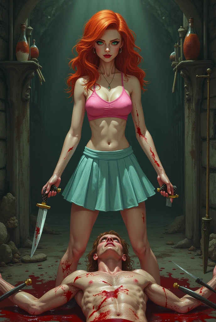 Ginger haired torturer with emerald eyes wearing a light blue flared miniskirt and tight pink sleeveless top, a smile across her thin red lips, torturing a handsome male hero. NSFW, Blood, death, torture, dismemberment, decapitation, sadism, evil, villainy, knives, racks, acid, chains and killing.