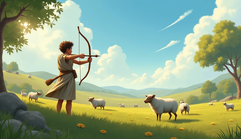 Generate an image showing David as a boy Shepherd David with His Slingshot - David practicing with his slingshot. Picture a serene green field under a bright blue sky, with fluffy white clouds drifting by. In the foreground, you see David, a young boy with a gentle demeanor. He wears simple tunic-like clothing and holds a shepherd's staff. Surrounding him are fluffy white sheep grazing peacefully. Perhaps there are a few trees dotting the landscape, adding to the tranquility of the setting.
in a sunny, rustic landscape. In his hands, he holds a slingshot, crafted from a forked branch with a leather pouch.
David stands focused, his eyes locked on a distant target—a rock or perhaps a tree stump. There are a few sheep grazing nearby, and the background features rolling hills and the warm glow of the afternoon sun. The air is filled with the sound of nature, and you can almost feel his determination as he practices, focusing intently.
