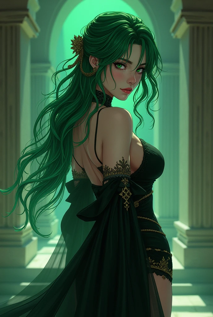 Beautiful adult woman with green hair and green eyes with perfect curvy anatomy, Black Ancient Greek clothing with anime style 