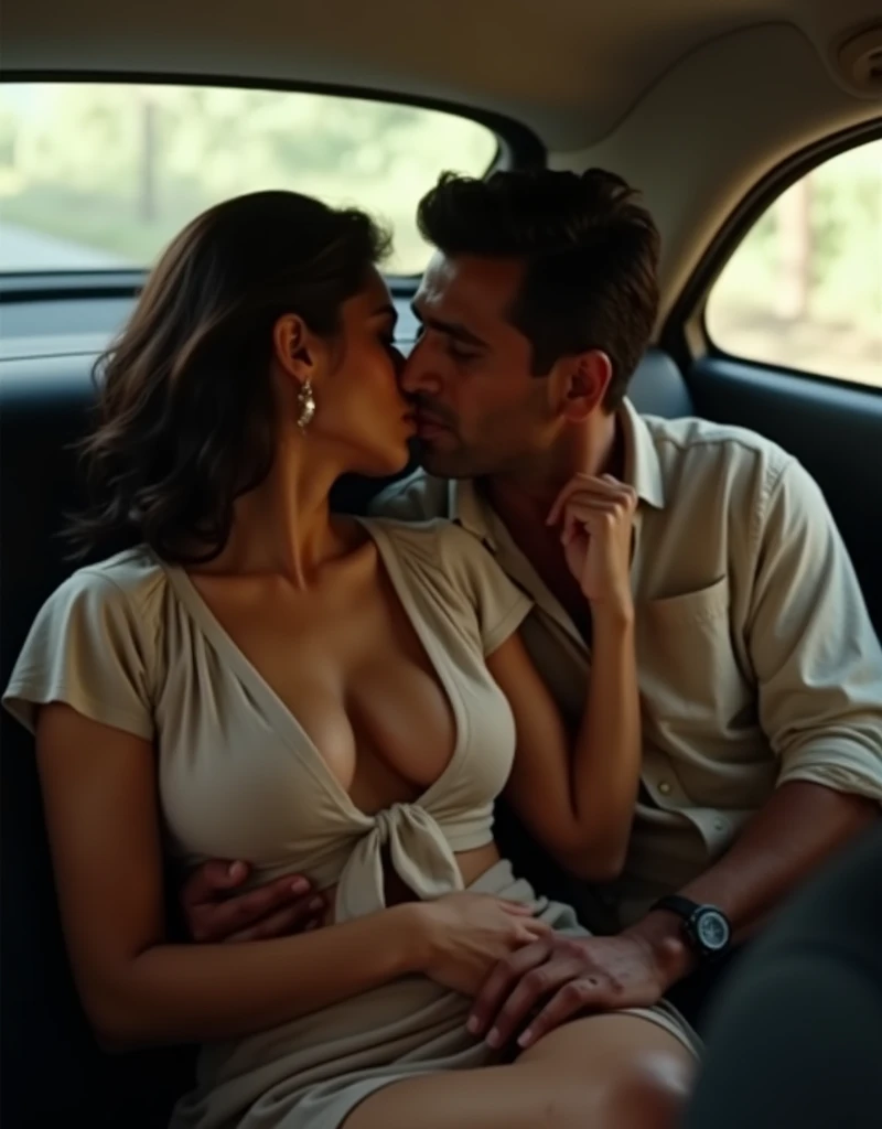 top angle image, realistic, Beautiful Indian woman and man, sitting at the back seat of car, romantic scene, soft natural lighting, wearing deep neck casual shirt and wearing a micro mini skirt, his hand is around her shoulder groping her breast, steamy romance, cinematic lighting