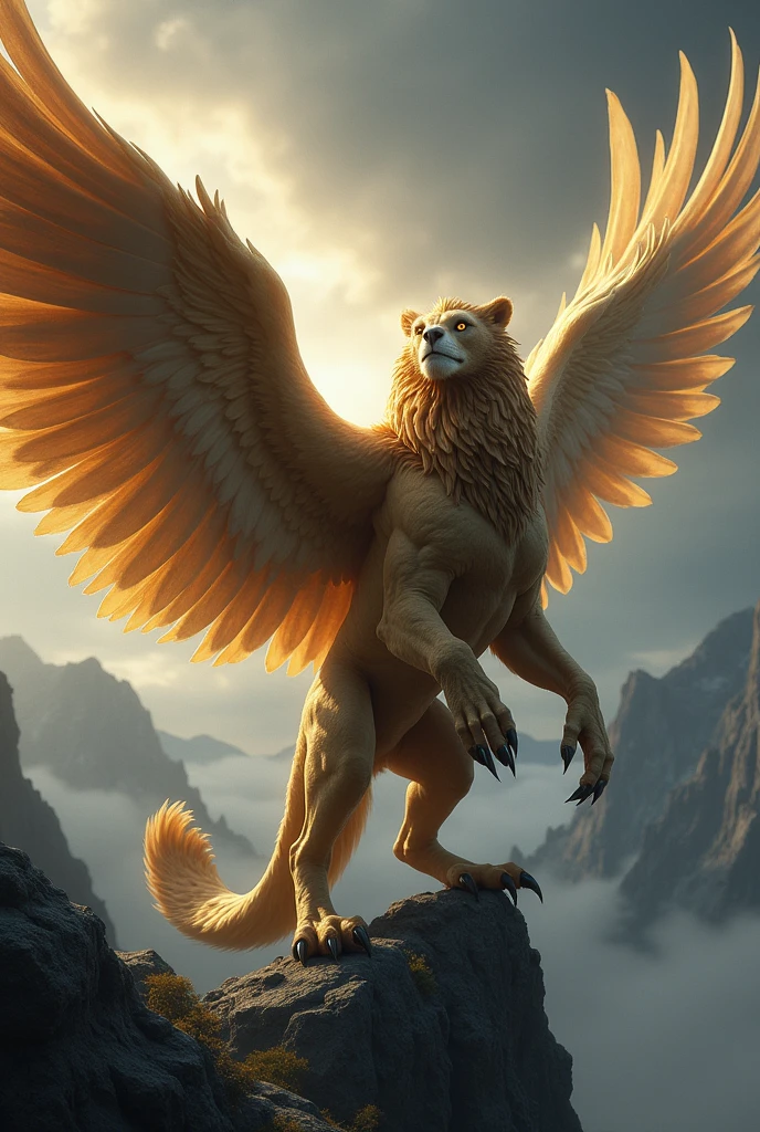 a griffon, powerful mythical creature, majestic winged lion, sharp eyes, regal pose, photorealistic, hyperdetailed, dramatic lighting, epic fantasy, golden fur, eagle head, muscular body, talons, wings spread, flying over a mountainous landscape, dramatic sky, moody colors, mystical atmosphere