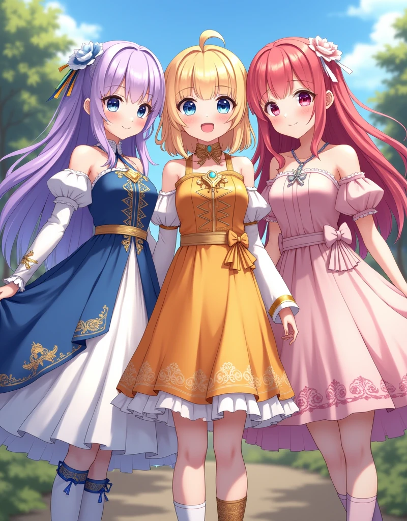 3 beautiful young girls the first girl with long lavender hair with bangs with light blue eyes in a gorgeous blue and white dress with detailed sleeves showing shoulder and short socks up to the ankles. The second girl with short sun yellow hair with bangs and a yellow and orange dress with a big gold necklace is the happiest and the third long hair with strawberry pink with dull pink eyes in a strong and light pink dress with white with a bow at the waist long socks ( They are all )They all have the same height, medieval anime era ( the dresses are like the gemshin impact game)