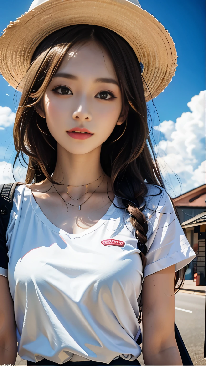 最high quality, masterpiece, One girl, Beautiful Face, (Photo Real:1.3), Edge Light, (Highly detailed skin:1.2), 8k, Ultra HD, Digital single-lens reflex camera, high quality, High resolution, 4K, 8k, Bokeh, Absurd, Optimal ratio of four fingers to one thumb, (Realistically:1.3), かわいいOne girl, Wearing a white T-shirt, Medium chest, White short dress,A pure sunny smile,