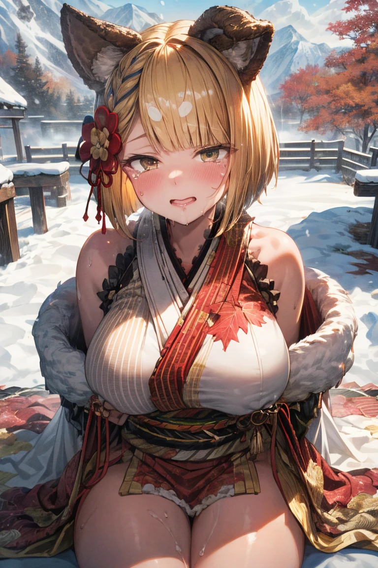 (masterpiece), (Highest quality), (highly detailed), (8k resolution), (Highest quality),Huge_chest,hair_good,brown_hair,brown_eye,detailed_lips,shy,Ecstasy_face,blush,View from above,(View your audience:1.3),(kimono),(Browsing Caution)、(Spread your legs)、(autumn)、(Voluptuous body)、(Thick thighs)、(sweating)、(Drooling)、(Big Breasts)、(tears)、(eyeを半分閉じる:1.6)、Leaning forward、(autumn leaves:1.3)、(snow:1.3)、(Mountainous Regions)、