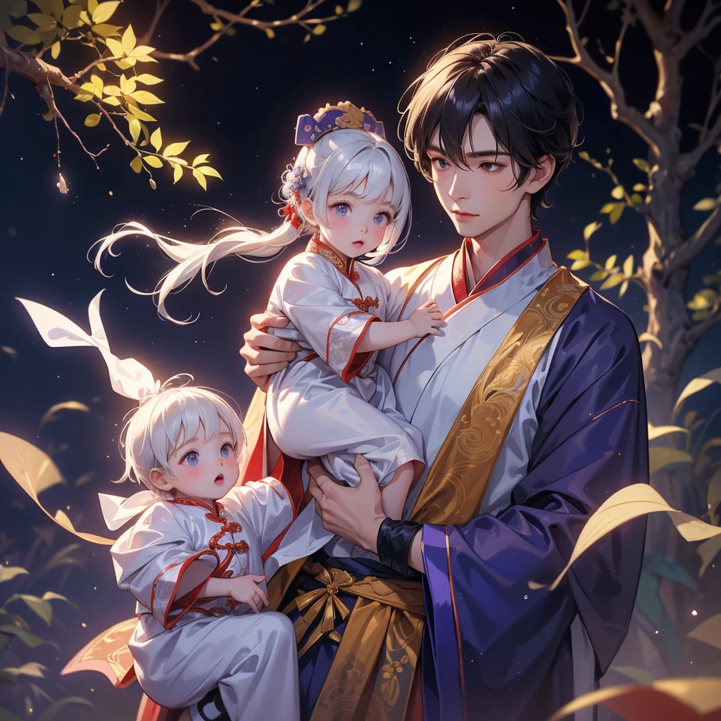 A one-year-old baby boy in an ancient Chinese baby costume with his beautiful mother, dressed in an white ancient Chinese costume, playing with each other, with his handsome father standing next to his mother, close up.
Background is a dark moonless night, with dry trees in the background, and purple glowing light