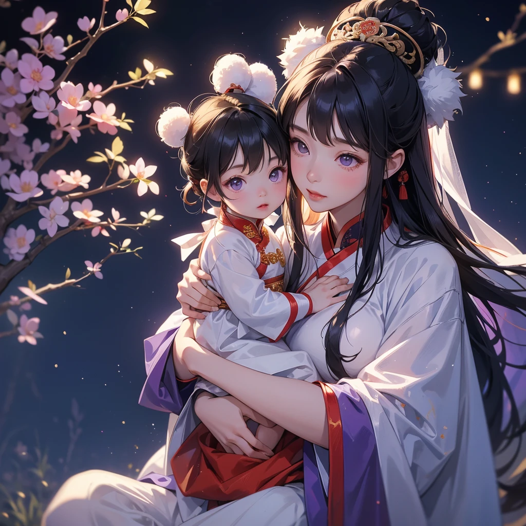 A -yead bab an ancient Chinese baby costume wiis beautiful mother, dressed in an white ancient Chinese costume, playing with each other, with his handsome father standing next to his mother, close up.
Background is a dark moonless night, with dry trees in the background, and purple glowing light