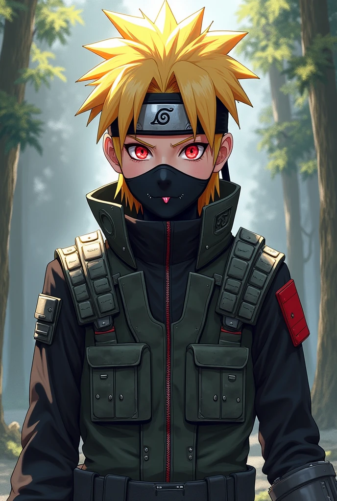 Naruto uzumaki with a predator armor, looking at the viewer, smile, Red eyes, Impressionism, High resolution, saliva, smile ligera, mask/sale/face mask, 