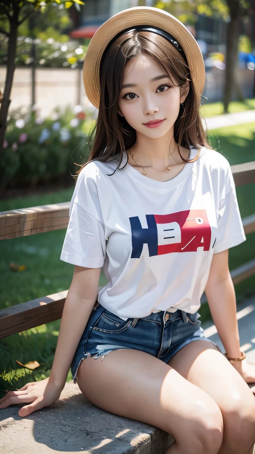 最high quality, masterpiece, One girl, Beautiful Face, (Photo Real:1.3), Edge Light, (Highly detailed skin:1.2), 8k, Ultra HD, Digital single-lens reflex camera, high quality, High resolution, 4K, 8k, Bokeh, Absurd, Optimal ratio of four fingers to one thumb, (Realistically:1.3), かわいいOne girl, Wearing a white T-shirt, Medium chest, White short dress,A pure sunny smile,