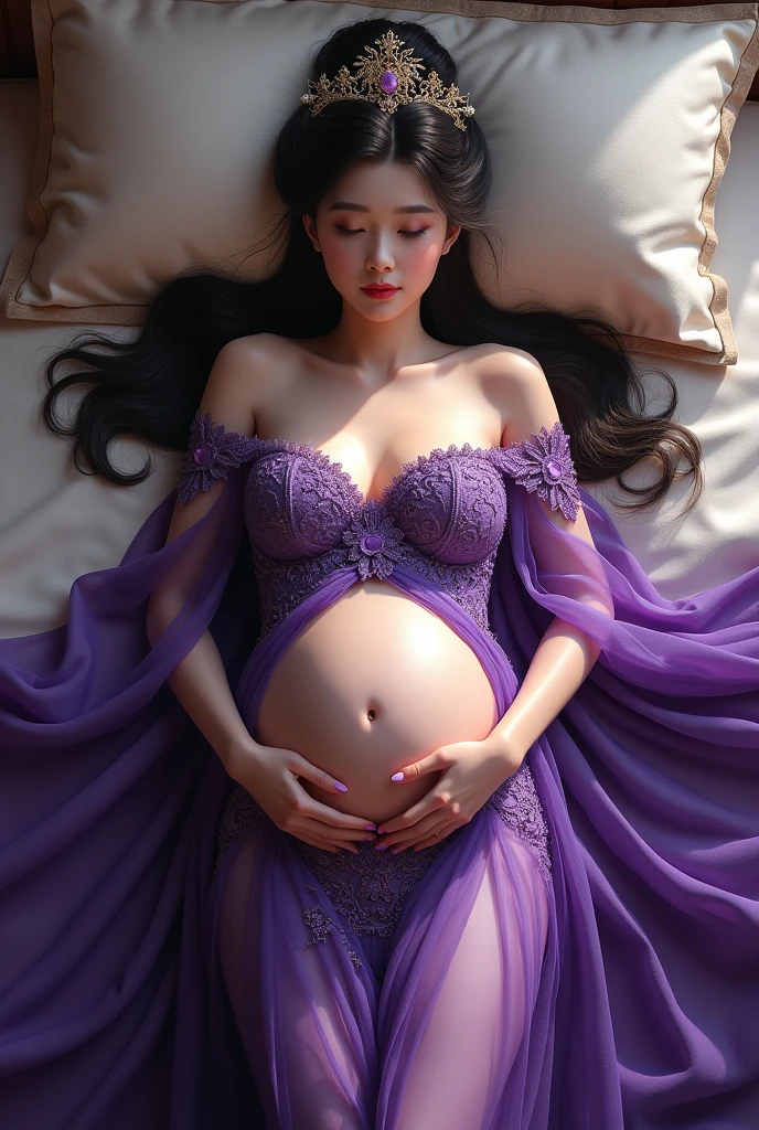 (photorealism:1.2), Using Imperial Purple Dress, beautiful Queen, lying on the bed, A close-up and straight-on view from above, good body, straight body, give up, big breasts, like Diao chan, Moderate face, Pregnant.