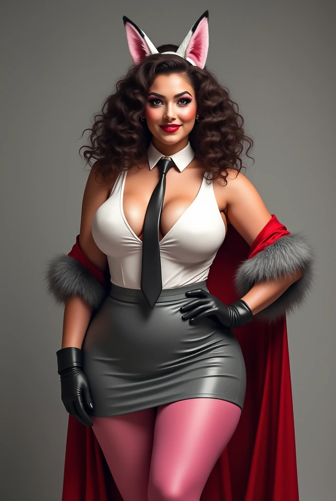 Lucy Pinder, ((Very heavy makeup)), Sexy Woman, Sensual, Cleavage, (Adele), Chubby woman, race, Curly Hair, short hair, Fox Ears, Gray Good, White sleeves, gloves, Grey Skirt, Pink Pantyhose ,tie, Red Cape, smile.