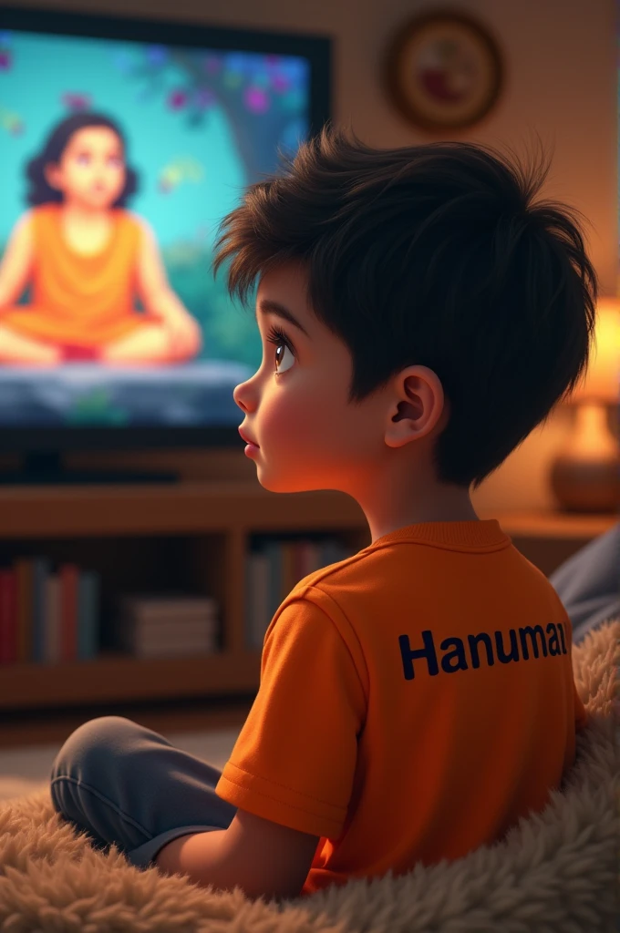 A boy sitting and watch tv and boy wearing orange colour tshirt and write name of hanuman