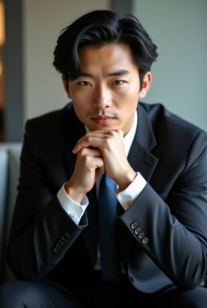A slim but slightly muscular Japanese man in a suit, Photographed with a smartphone, Top quality, 1 beautiful men, Perfect Face, Japanese men, age 34, suit, ((center part hair)), medium short hair, black hair, ((oily hair)), Sitting in a chair, hands on chin, Posing like a magazine cover,