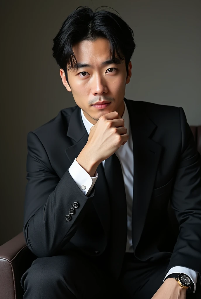 A slim but slightly muscular Japanese man in a suit, Photographed with a smartphone, Top quality, 1 beautiful men, Perfect Face, Japanese men, age 34, suit, ((center part hair)), medium short hair, black hair, ((oily hair)), Sitting in a chair, hands on chin, Posing like a magazine cover,