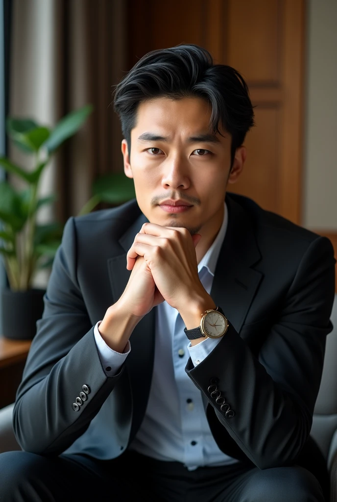A slim but slightly muscular Japanese man in a suit, Photographed with a smartphone, Top quality, 1 beautiful men, Perfect Face, Japanese men, age 34, suit, ((center part hair)), medium short hair, black hair, ((oily hair)), Sitting in a chair, hands on chin, Posing like a magazine cover,