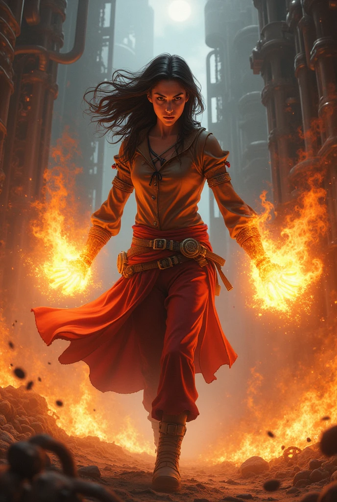 Brunette girl burning everything in her path against the backdrop of a steampunk fire 