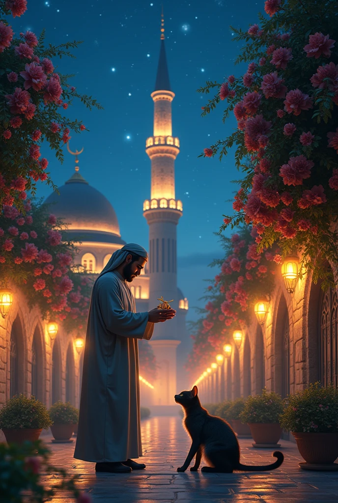 A Muslim man in front of a mosque full of flowers, feeding a hungry cat and showing kindness to it. At night, the streets are lit up and there are stars in the sky..
