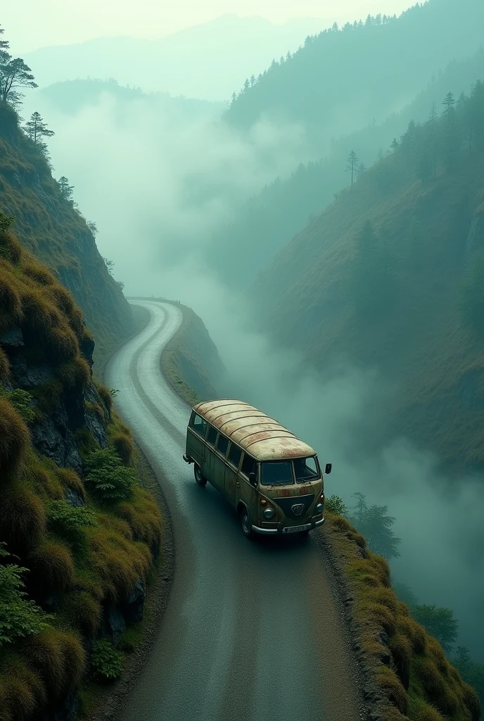 cinematic, photo realistic film poster of an old van travelling through a distant steep hairpin turn road, early morning, mist, Darjeeling outskirt road