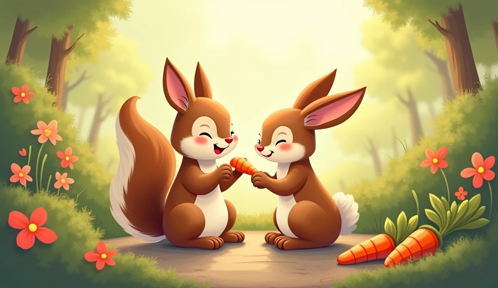 A cozy illustration of Benny and Sam sitting together, sharing acorns and carrots, with a sunny garden background and big smiles on their faces.
