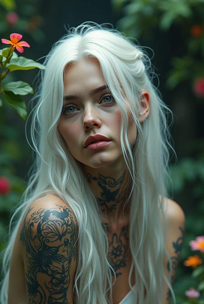 1fille, seulement, blanc_cheveux, tatouages, grotte, verdoyant, fleurs, Beau, idyllique, sublime, absurdes, Hyper-réalisme, Texturé, maximum_détail, Reflex numérique
