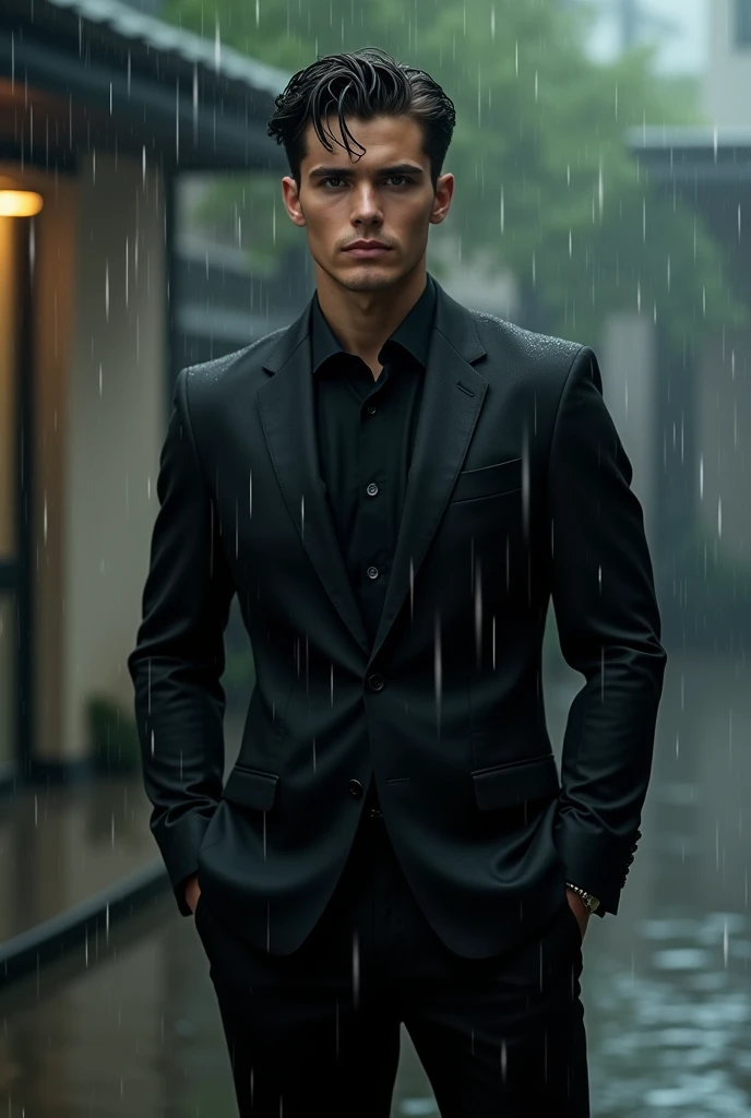A handsome, perfect young man in a black suit stands gracefully in the pouring rain.