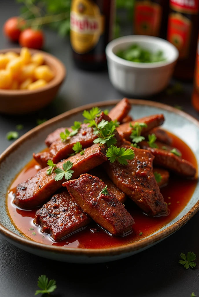 Marinated beef with Singha beer flavor in a Singha beer package