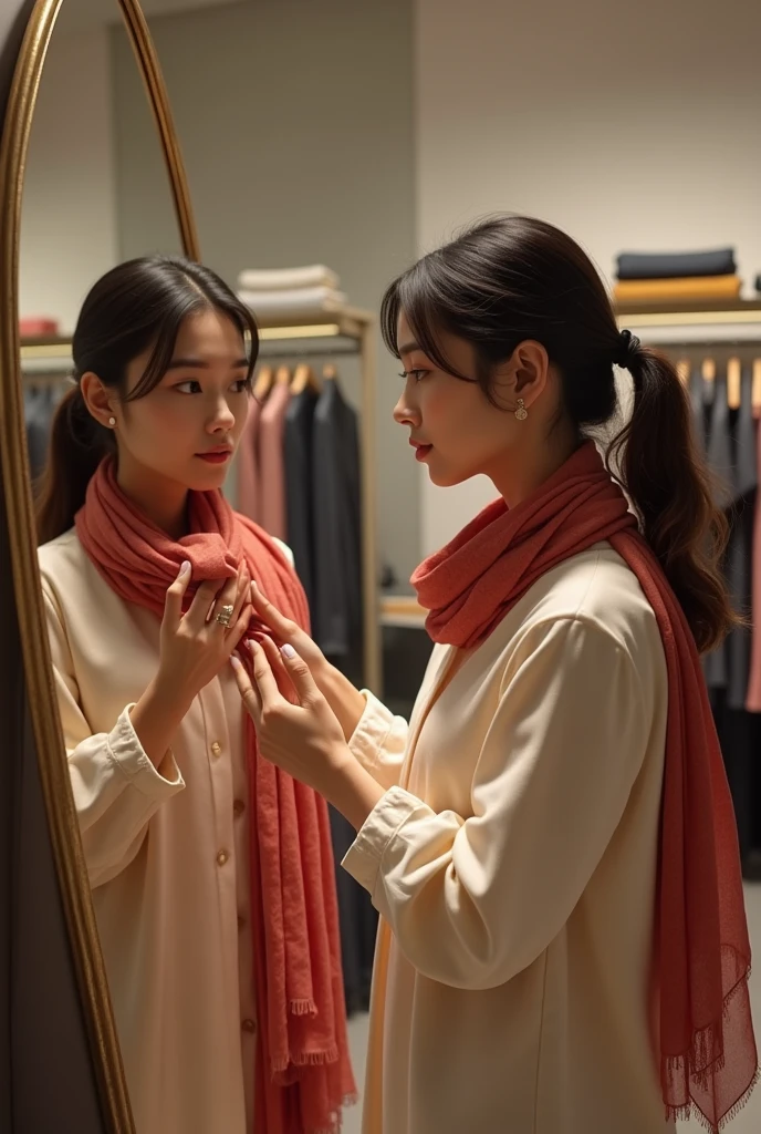 Create the image of a woman who is in a clothing store, In it she sees a scarf and proceeds to put it on in front of a mirror, In the image she should be in an outstretched arms position so that it can be seen that she is about to put on the scarf. You can make this view appear from a side view.