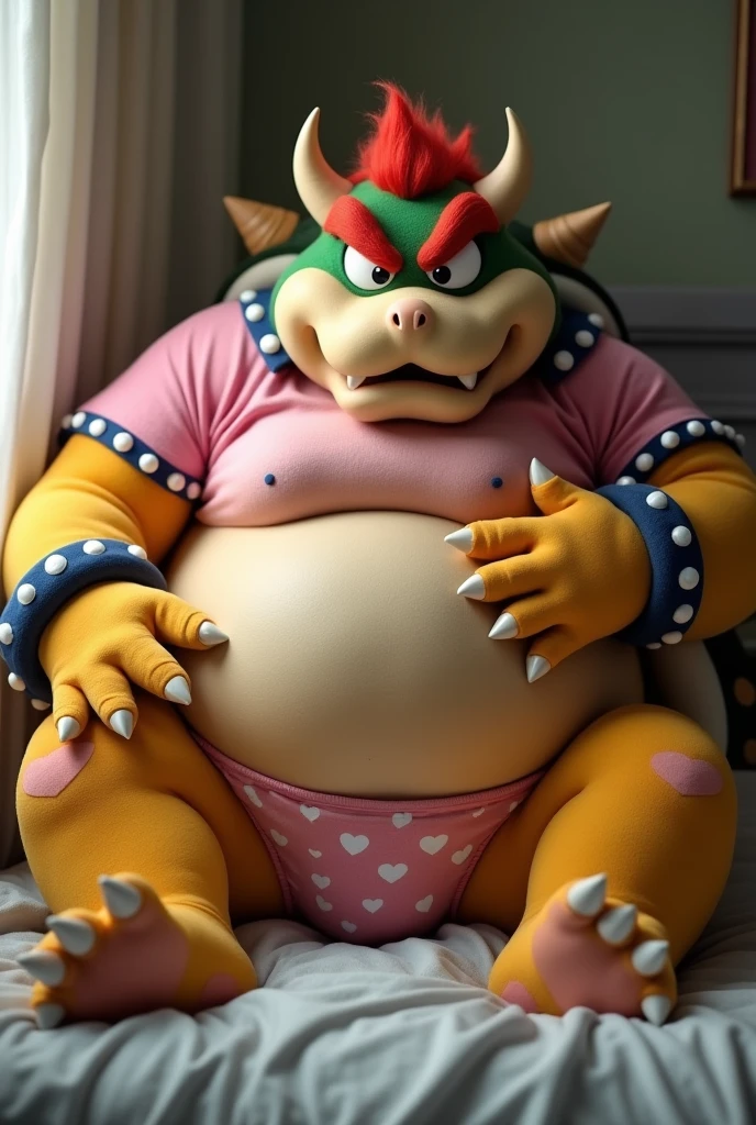 Bowser from Super Mario, Extremely obese, chubby, embarrassed, huge round belly, big moobs, heart underpants, pink tight short sleeves t-shirt, laying on a bed, one hand on the belly