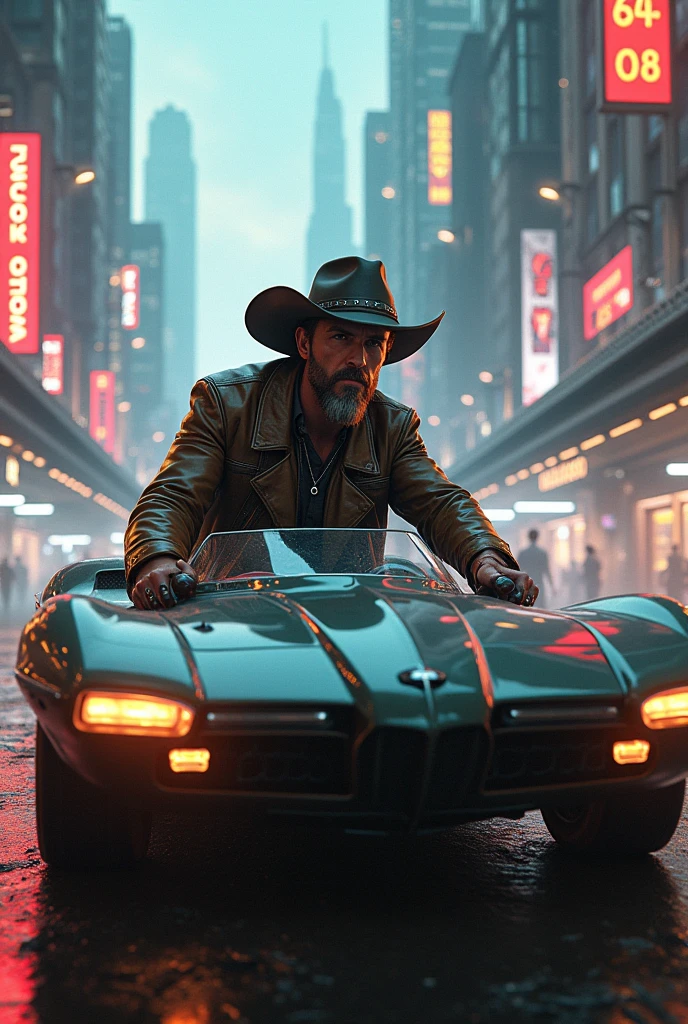 Rdr charector in cyberpunk city driving car