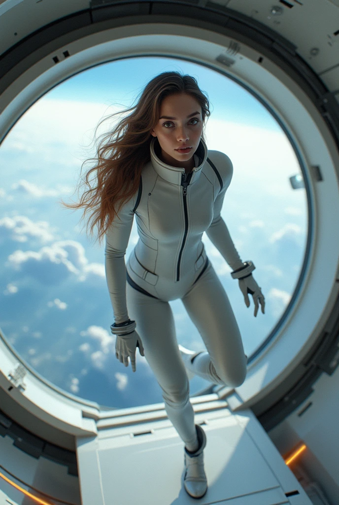 ((Best Quality)), (masterpiece)), (Details: 1.4), 3D, absurd resolution, High resolution, (masterpiece: 1.4), ultra detailed, Beautiful Girl 1 Person, Image of a futuristic woman, shiny brown hair, beautiful brown eyes, beautiful face, 20 years, spaceship, floating, little, Space suit, spaceship, window, future, dynamic pose, Change of clothes