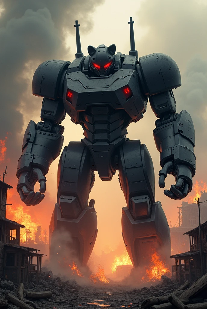 A big and muscular robot meccha with URSAFF form and black body with the red eyes, class in arms, Village scenery in flames.