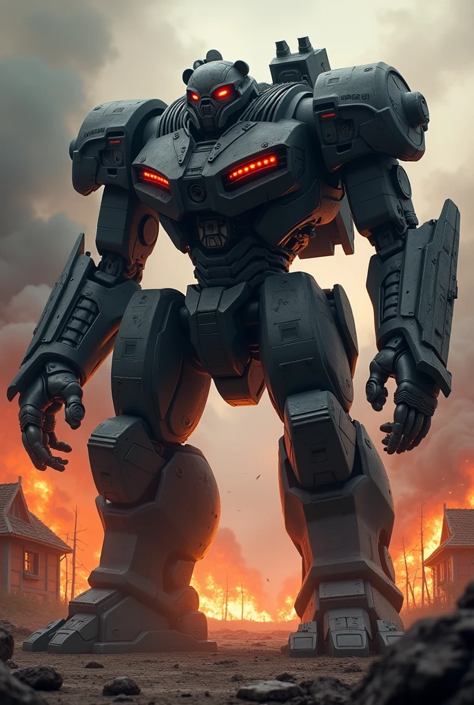 A big and muscular robot meccha with URSAFF form and black body with the red eyes, class in arms, Village scenery in flames.