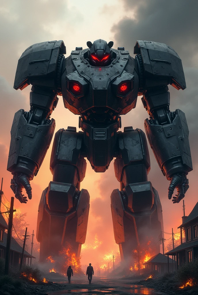 A big and muscular robot meccha with URSAFF form and black body with the red eyes, class in arms, Village scenery in flames.