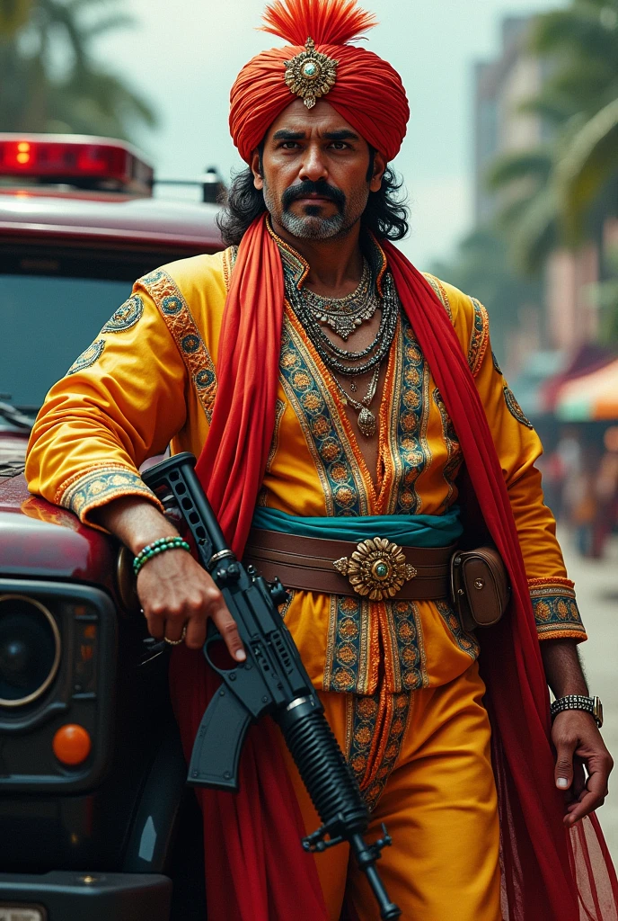 Pablo Escobar in indian dress with vehicle and weapons 