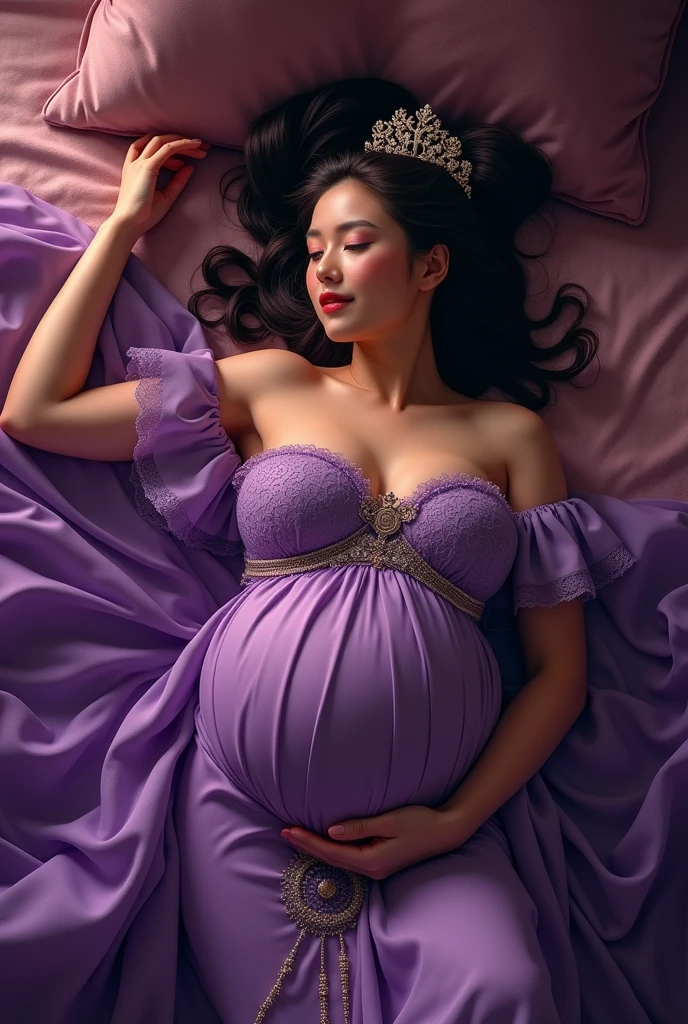 (photorealism:1.2), Using Imperial Purple Dress closed, beautiful Queen, lying on the bed, A close-up and straight-on view from above, good body, straight body, give up, big breasts, like Diao chan, Moderate face, Pregnant.