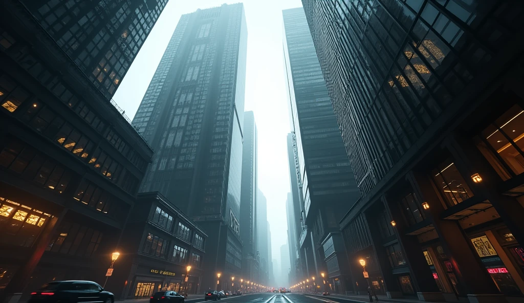 a detailed cityscape of a modern metropolis, viewed from below, dramatic lighting, skyscrapers reaching high into the sky, dynamic composition, intricate architectural details, urban environment, metropolitan, cinematic atmosphere, photorealistic, hyperrealistic, 8k, high resolution, masterpiece