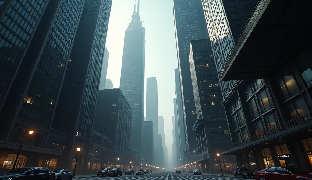 a detailed cityscape of a modern metropolis, viewed from below, dramatic lighting, skyscrapers reaching high into the sky, dynamic composition, intricate architectural details, urban environment, metropolitan, cinematic atmosphere, photorealistic, hyperrealistic, 8k, high resolution, masterpiece