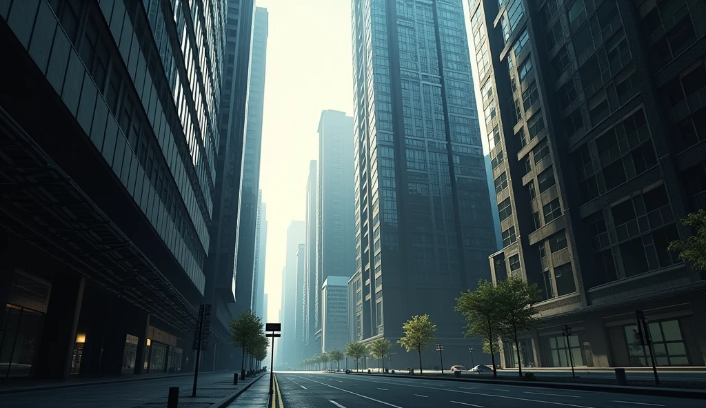 a detailed cityscape of a modern metropolis, viewed from below, dramatic lighting, skyscrapers reaching high into the sky, dynamic composition, intricate architectural details, urban environment, metropolitan, cinematic atmosphere, photorealistic, hyperrealistic, 8k, high resolution, masterpiece
