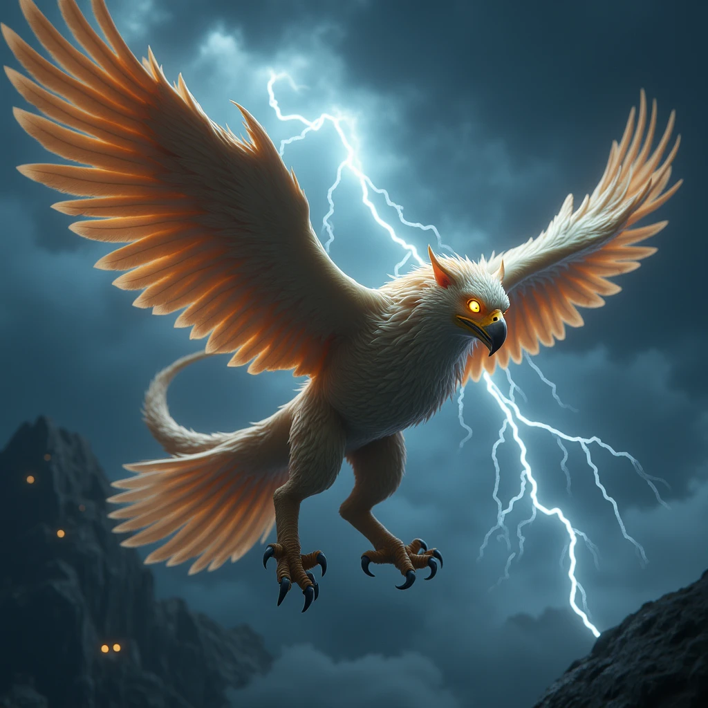 Majestic Griffin、Flying Griffin、A finely detailed muscular body、Big wings like a mighty eagle、Detailed eagle-like sharp claws on paws、Highly detailed eagle-like face and beak、Ferocious lion-like body and hind legs、Detailed lion-like hind legs、Detailed lion-like tail、Glowing yellow eyes、Detailed flowing feathers、Detailed flowing fur、On a night when lightning flashes、Illuminated by lightning、an epic fantasy、Cinematic lighting、Dramatic composition、Complex Texture、Vibrant colors、Photorealistic、Octane Rendering, Highest quality, anatomically correct, 4K, 8k, UHD, super detail, masterpiece, high details