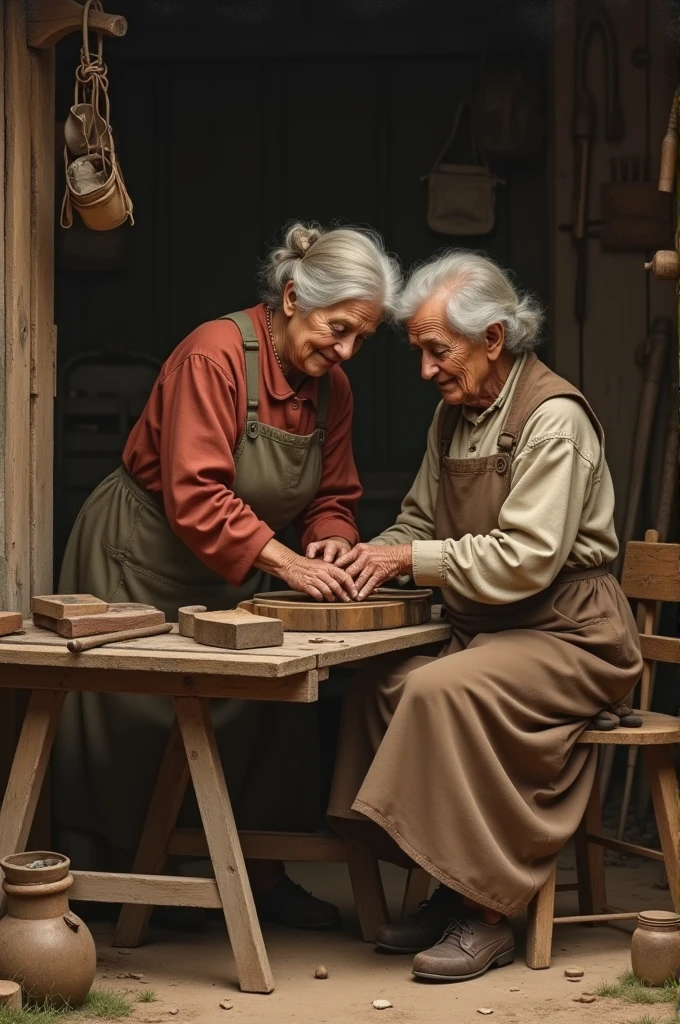 Very old English ancient vintage theme picture of wife helping husband as carpenter with the Brown and minimalist theme.