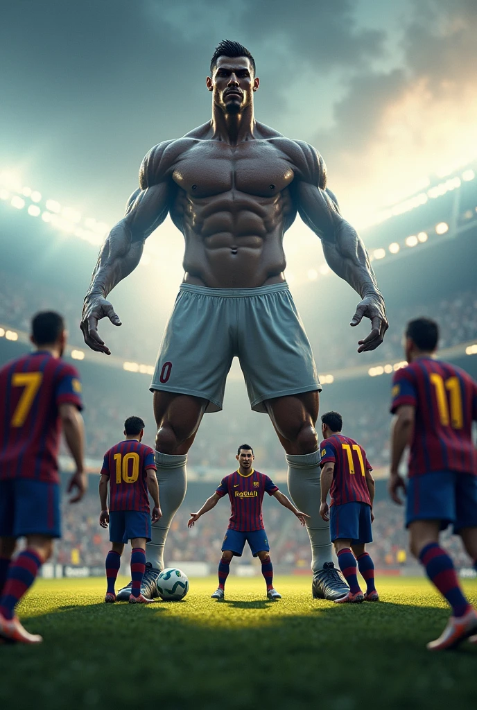Create a image: barca football team vs Ronaldo real maric (titan ronaldo)