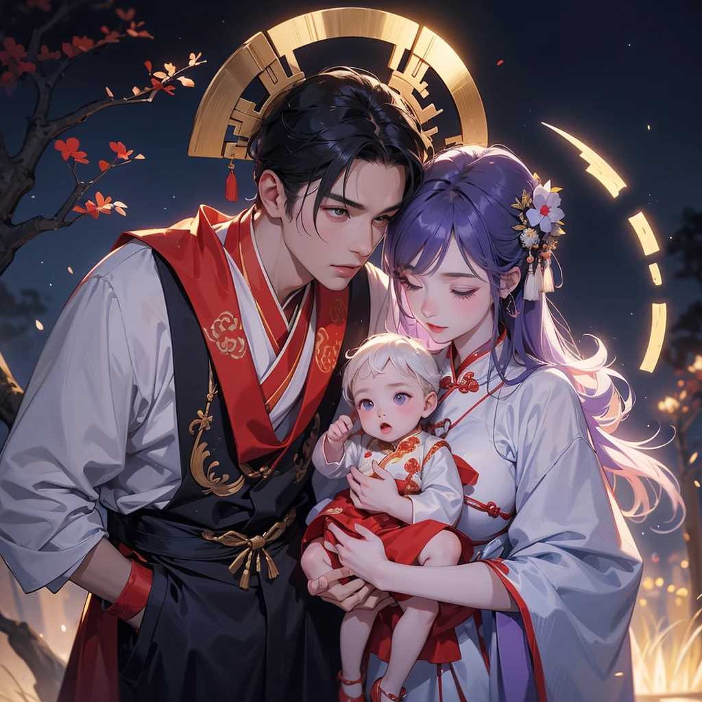 A one-year-old baby boy in an ancient Chinese baby costume with his beautiful mother, dressed in an white ancient Chinese costume, playing with each other, with his handsome father standing next to his mother, close up.
Background is a dark moonless night, with dry trees in the background, and purple glowing light