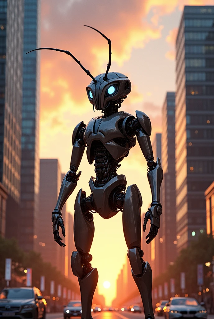 A robot with ant head standing in skyscraper in the sun set