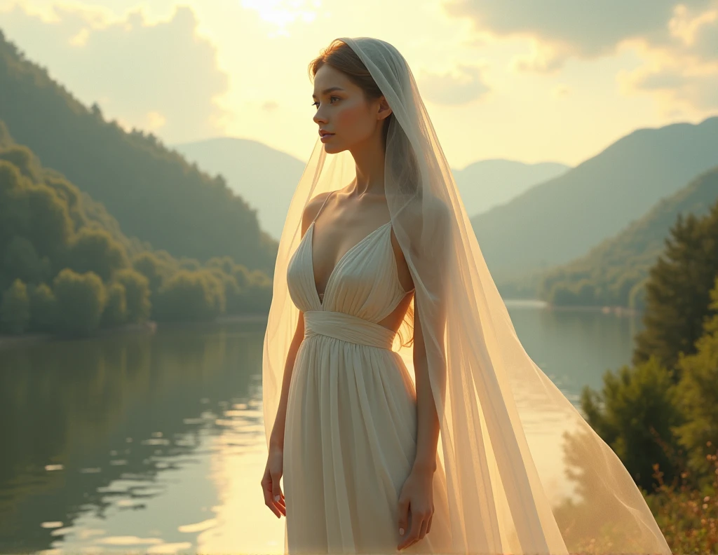 I want her to have a dress that covers her plus a veil and also that there is a beautiful landscape behind her 