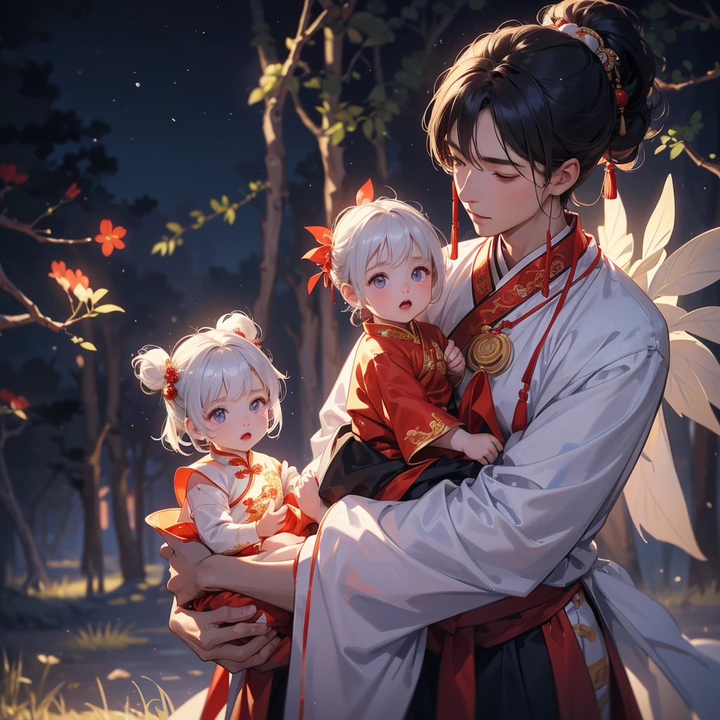 A -yead bab an white ancient Chinese baby costume wiis beautiful mother, dressed in an ancient Chinese costume, playing with each other, with his handsome father standing next to his mother, close up.
Background is trees, vegetables, lush green, with water drops after rain, with mist everywhere, green