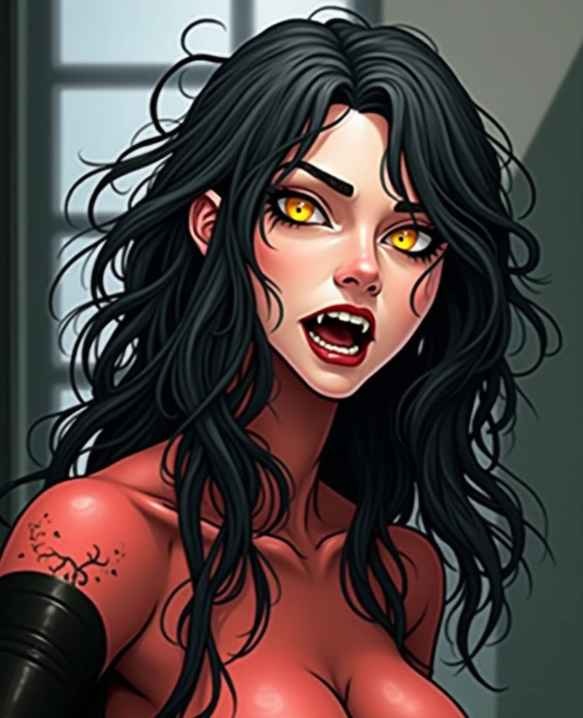 extremely long hair messy hair wavy hair black hair yellow eyes pale skin deranged muscle girl muscle girl muscle girl huge breasts