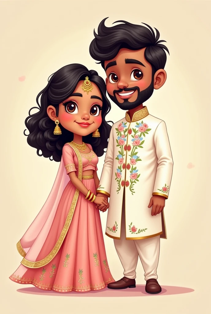 Create a cartoon image of an Indian medium fat Indian short girl in onion pink engagement lehenga and curly black hair with golden curls and fair skin standing next to a medium fat Indian boy in white open jacket sherwani with pastel work and fair skin and well shaped light beard no bindi