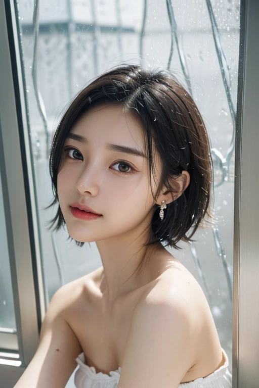 (2 Japanese girl,), (Small breasts:1.5,),(solo,Textured skin, Detailed skin,Detailed face,Detailed eyes,detailed posing,Natural eyebrows,Perfect limbs,High detail, Highest quality, Super detailed, Surrealism, ,8k,RAW Photos,Photographicism,Professional Lighting,Portrait Photography,),((Black Hair, Dark Eyes,Natural Makeup,Simple earrings,Bob Hair,happiness/joy)),(((Rainy Sky,Watching the rain fall from the window)))