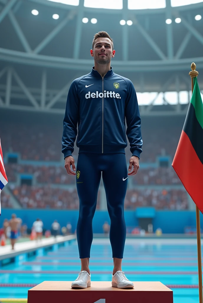 Design a full image of a swimmer during a medal presentation, dressed in a tracksuit with complete image of  matching trousers. The tracksuit should prominently display the word 'deloitte' printed on it, with special emphasis on making the full stop after 'deloitte' green, as this is a key detail.