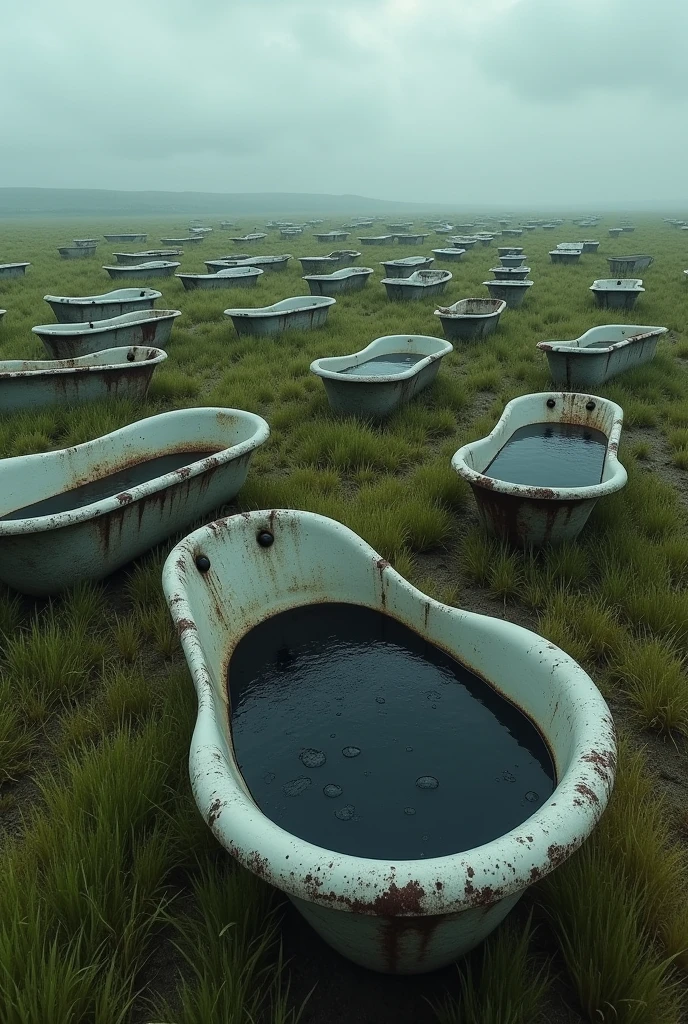 A field full of old bath tubs, filled with black oil,